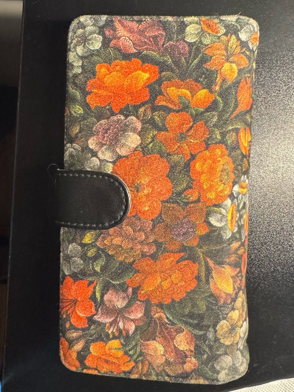 Floral Orange & Black Wallet Phone Case - Women's Accessory